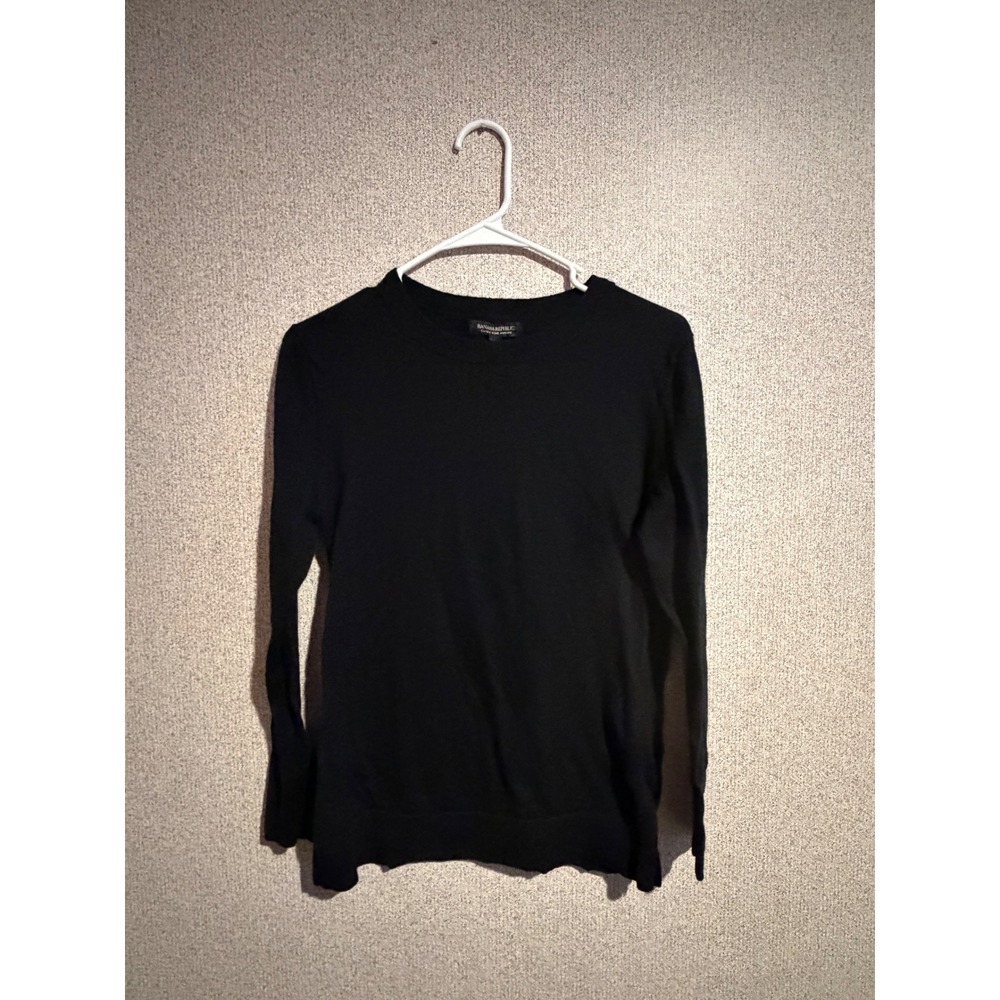 Banana Republic Extra Fine Merino Wool Sweater Black Crewneck Petite Small PS